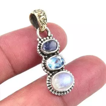 Подвеска из натурального радужного лунного камня, голубого топаза из стерлингового серебра 925 пробы, 1,2 дюйма k7L78