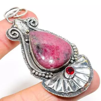 Подвеска из натурального родонита, граната, стерлингового серебра 925 пробы, 2,99 дюйма, y7M29