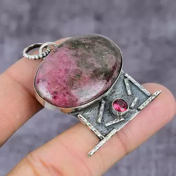 Подвеска из натурального родонита, кунцита, 925 пробы, ручная работа, 2,25 дюйма, P7v76
