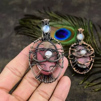 Подвеска из натурального родонита, лунного камня, медная проволока, 3,15 дюйма, D0o57