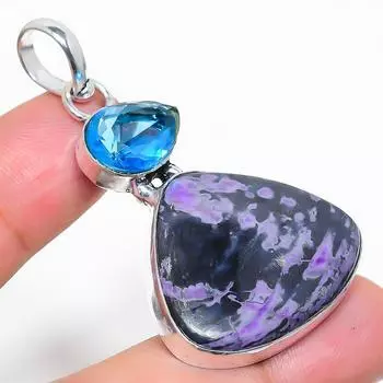 Подвеска из натурального российского чароита и топаза из стерлингового серебра 925 пробы 2,17 дюйма I9q56