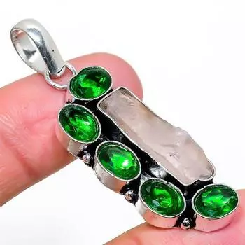 Подвеска из натурального розового кварца, диопсида, стерлингового серебра 925 пробы, 1,93 дюйма, U3V27