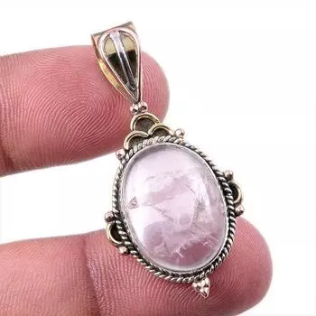 Подвеска из натурального розового кварца из стерлингового серебра 925 пробы в двух тонах 1,50 дюйма N5w51