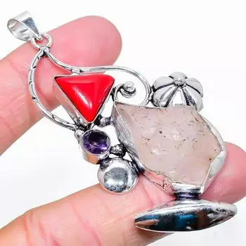 Подвеска из натурального розового кварца, необработанного аметиста, стерлингового серебра 925 пробы, 3,07 дюйма, k8Y25