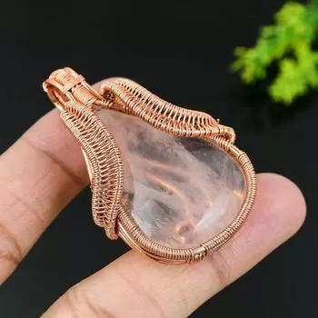 Подвеска из натурального розового кварца ручной работы из медной проволоки 2,36 B5c91