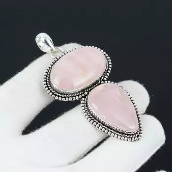 Подвеска из натурального розового кварца, стерлингового серебра 925 пробы, ручная работа, подвеска с двумя камнями, праздничный подарок для нее, ювелирные изделия для особых случаев 2.75 розовый