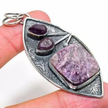 Подвеска из натурального русского чароита, аметиста из стерлингового серебра 925 пробы 3,03 дюйма c8r88