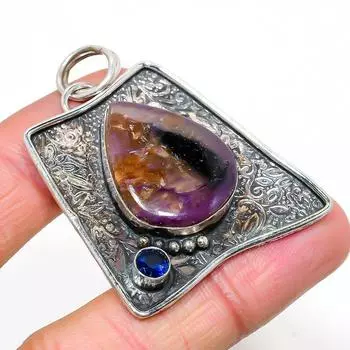 Подвеска из натурального русского чароита, голубого топаза из стерлингового серебра 925 пробы 2,05 дюйма D3n07