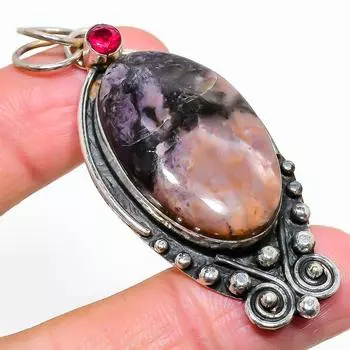 Подвеска из натурального русского чароита и граната из стерлингового серебра 925 пробы 2,64 дюйма g7l68