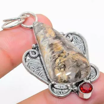 Подвеска из натурального русского дендрита, граната, стерлингового серебра 925 пробы, 2,25 дюйма, R9G78