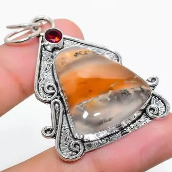 Подвеска из натурального русского дендрита, граната, стерлингового серебра 925 пробы, 2,13 дюйма, S6k55