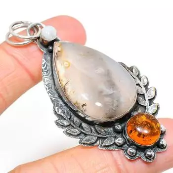 Подвеска из натурального русского дендрита, янтаря, стерлингового серебра 925 пробы, 2,80 дюйма, W2l48