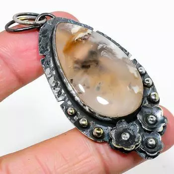 Подвеска из натурального русского дендритового камня из стерлингового серебра 925 пробы 2,68 дюйма M6O75