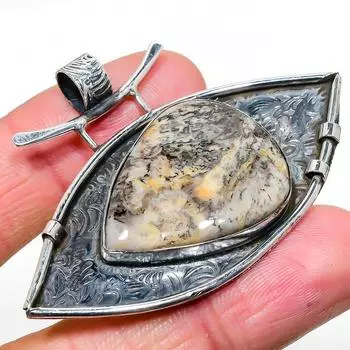 Подвеска из натурального русского дендритового камня из стерлингового серебра 925 пробы 1,69 дюйма P0g79