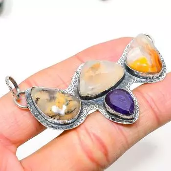 Подвеска из натурального русского дендритового камня, аметиста, стерлингового серебра 925 пробы, 1,85 дюйма, j0q88