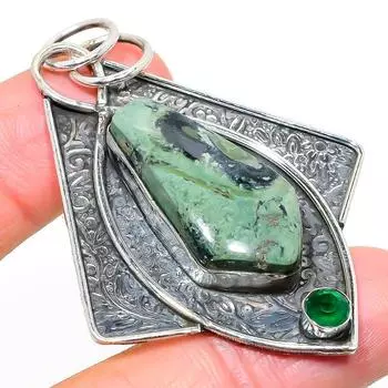 Подвеска из натурального серебра камбаба, драгоценный камень диопсид, серебро 925 пробы, 2,60 дюйма, S9D52