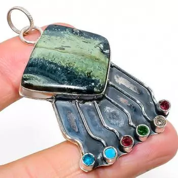 Подвеска из натурального серебра камбаба, драгоценный камень диопсид, серебро 925 пробы, 2,44 дюйма, d5H68