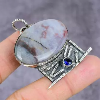 Подвеска из натурального шовного агата и голубого топаза из стерлингового серебра 925 пробы 2,25 дюйма p3r60
