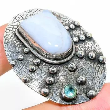 Подвеска из натурального синего кружевного агата и топаза из стерлингового серебра 925 пробы 1,89 дюйма e9h01