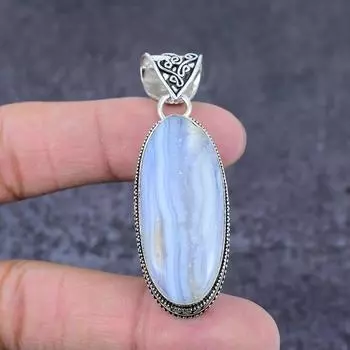 Подвеска из натурального синего кружевного агата ручной работы из стерлингового серебра 925 пробы 2,40 дюйма A0W55