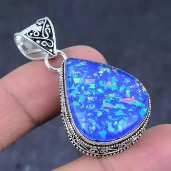 Подвеска из натурального синего тройного опала ручной работы из стерлингового серебра 925 пробы 1,85 дюйма Q1C38