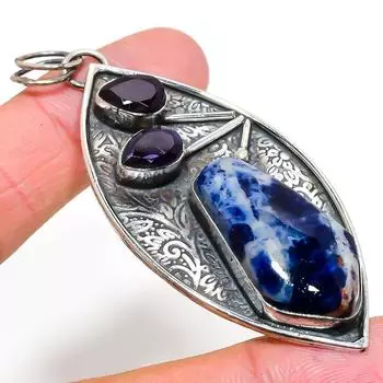 Подвеска из натурального содалита, аметиста, стерлингового серебра 925 пробы, 3,07 дюйма, V5g64