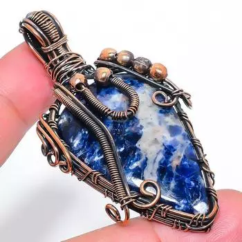 Подвеска из натурального содалита, обмотанная вручную медной проволокой, 2,64 дюйма, B7A40