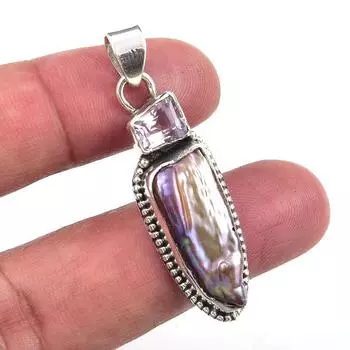 Подвеска из натурального стерлингового серебра 925 пробы с жемчугом Бива и розовым аметистом 1,75 дюйма e9C40