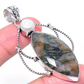 Подвеска из натурального сумасшедшего кружева с агатом и жемчугом из стерлингового серебра 925 пробы 2,56 дюйма B1b81