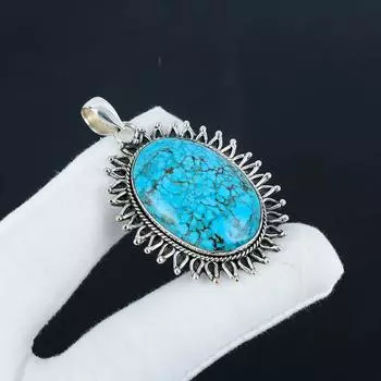 Подвеска из натурального тибетского бирюзового драгоценного камня в серебре 925 пробы - Ручная работа, овальный дизайн, украшение для повседневной носки, подарок на день рождения 2.16 синий