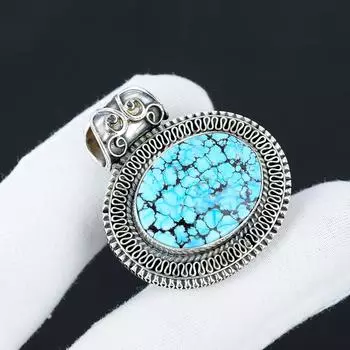 Подвеска из натурального тибетского бирюзового драгоценного камня из серебра 925 пробы - Дизайн ручной работы, Ювелирное украшение на каждый день, Антикварная подвеска, Подарки для нее 2.36 синий