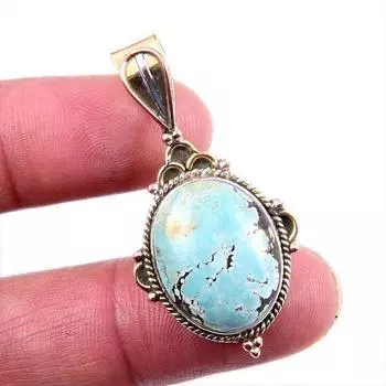 Подвеска из натурального тибетского бирюзового камня из цельного серебра 925 пробы в двух тонах 1,5 дюйма E2s05