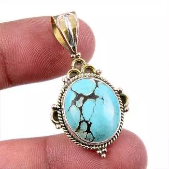 Подвеска из натурального тибетского бирюзового камня из цельного серебра 925 пробы в двух тонах 1,5 дюйма D8E35