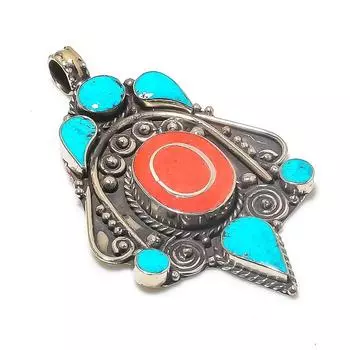 Подвеска из натурального тибетского бирюзового, кораллового серебра 925 пробы 2,76 дюйма Z2S38