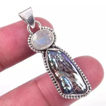 Подвеска из натурального жемчуга Бива, радужного лунного камня из цельного серебра 925 пробы 1,75 дюйма g9Z45