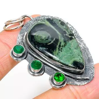Подвеска из натуральной камбабской яшмы, диопсида, стерлингового серебра 925 пробы, 2,36 дюйма, J9W56