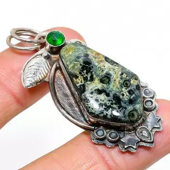 Подвеска из натуральной камбабской яшмы, диопсида, стерлингового серебра 925 пробы, 2,25 дюйма, u0j79