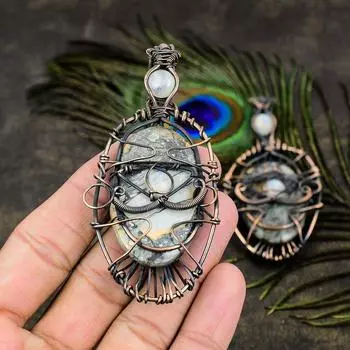 Подвеска из натуральной малинговой яшмы и лунного камня, медная проволока, 3,66 дюйма, s5e13