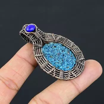 Подвеска из натуральной синей титановой друзы, халцедона, медной проволоки, 2,17 дюйма, Q3t09