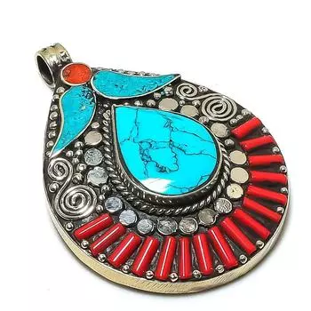 Подвеска из натуральной тибетской бирюзы и кораллового камня ручной работы 2,76 дюйма M3P41