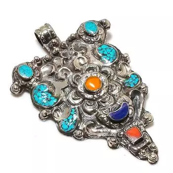 Подвеска из натуральной тибетской бирюзы и кораллового камня ручной работы 3,19 дюйма R3O33