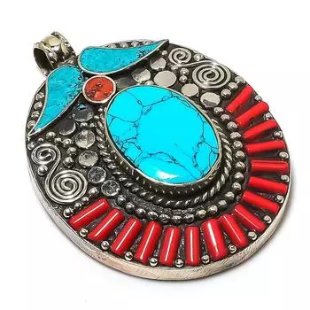 Подвеска из натуральной тибетской бирюзы и кораллового камня ручной работы 2,60 дюйма r1N26
