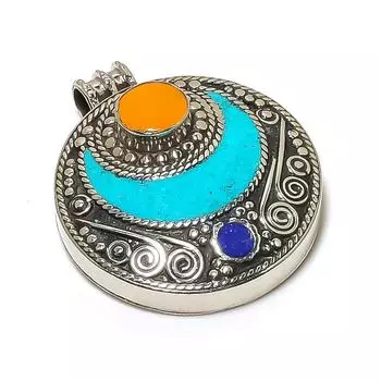 Подвеска из натуральной тибетской бирюзы и кораллового камня ручной работы 2,01 дюйма C1O76