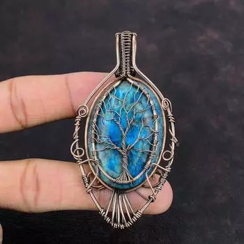 Подвеска из неонового апатита «Дерево жизни», медная проволока, обернутая подвеской, драгоценный камень, медные украшения, подвеска ручной работы «Дерево жизни», ювелирные изделия, подарок на годовщину