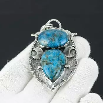 Подвеска из неонового синего апатита, исцеляющая подвеска, подвеска из стерлингового серебра 925 пробы, подвеска с двойным драгоценным камнем, подвеска из натуральных ювелирных изделий для подарка 2.55 синий