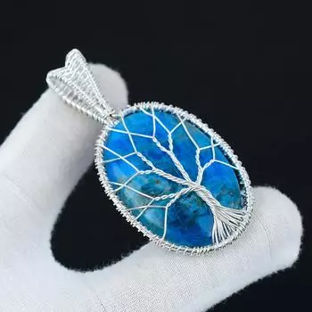 Подвеска из неонового синего апатита, овальный драгоценный камень, подвеска из стерлингового серебра 925 пробы ручной работы, ювелирные изделия из серебряной проволоки, ювелирные изделия из проволочной обмотки Древо жизни 2.16 синий