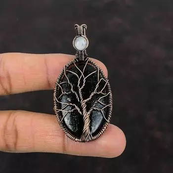 Подвеска из нууммита «Дерево жизни», подвеска из медной проволоки, обернутая драгоценным камнем, ручная работа, обернутая медной проволокой, ювелирное украшение в подарок для нее, подвеска из радужного лунного камня