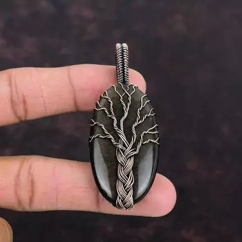 Подвеска из обсидиана с серебряным блеском «Дерево жизни», подвеска из медной проволоки, ювелирное изделие из драгоценных камней «Дерево жизни», подарочная подвеска из меди ручной работы