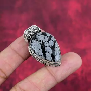 Подвеска из обсидиана «Снежинка», изящная подвеска из стерлингового серебра 925 пробы с драгоценными камнями, для нее 1.61 Inches чёрный