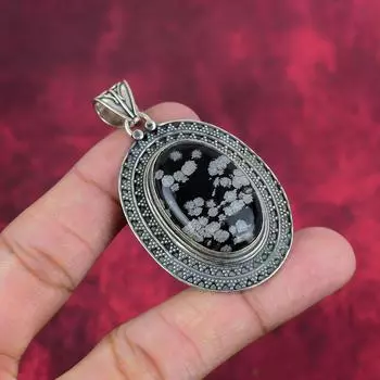 Подвеска из обсидиана «Снежинка», подвеска из настоящего драгоценного камня из стерлингового серебра 925 пробы, подарок ручной работы для сестры 2.36 Inches чёрный